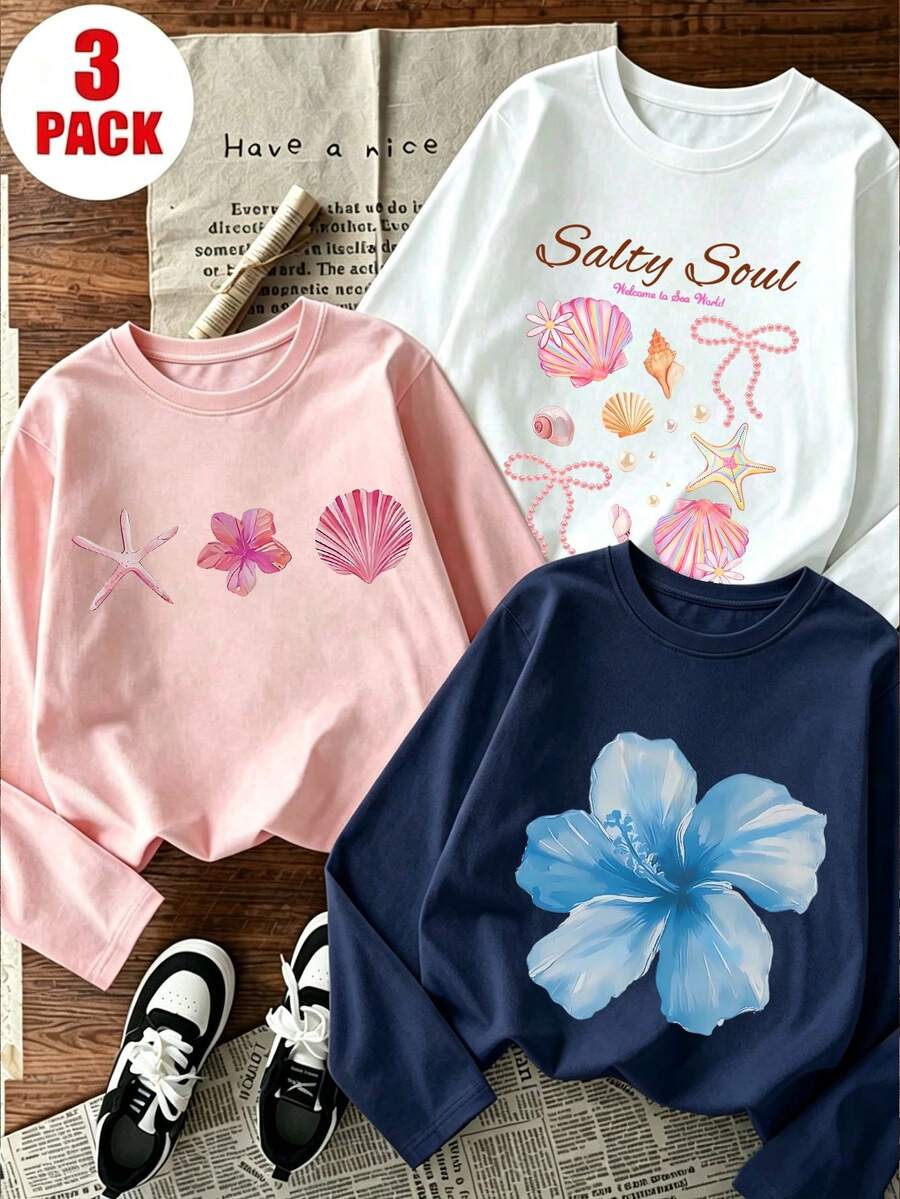 Set 3 Potong Kaos Lengan Panjang Bermotif untuk Anak Perempuan Remaja, Cocok untuk Atasan Musim Gugur/Dingin Anak Perempuan, Pakaian Anak Pelajar, Cocok untuk Pakaian Luar dan Lapisan. - MultiWarna - View 1