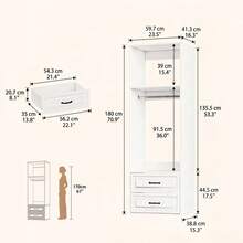 White Modern Closet System, 5.91Ft Wood Walk-In Closets Wardrobe Organizer, 23.5" Closet System With 2 Drawers & Hanging Rod & Open Shelf, 22.8" Closet Organizer System With 3 Drawers & 3 Adjustable Shelves, 2 Size - White - View 5