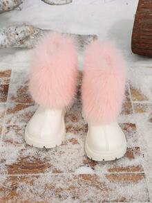 Girls' Pink Fluffy Fur Trim Round Toe Back Zipper Design Warm Comfortable Ankle Boots, Suitable For Daily Wear - Pink - View 3