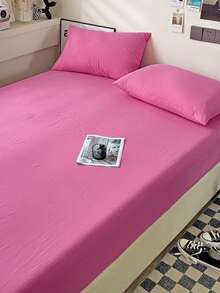 Rose Red Solid Color Skin-Friendly Brushed Bed Sheet Set (1*Bed Sheet + 2*Pillowcases), Suitable For Bedroom And Guest Room, All Season Use, Machine Washable, Dark Green/Blue/Dark Brown/Burgundy/Pale Yellow/Coffee Brown/Light Gray Purple/White - Rose Red - View 9