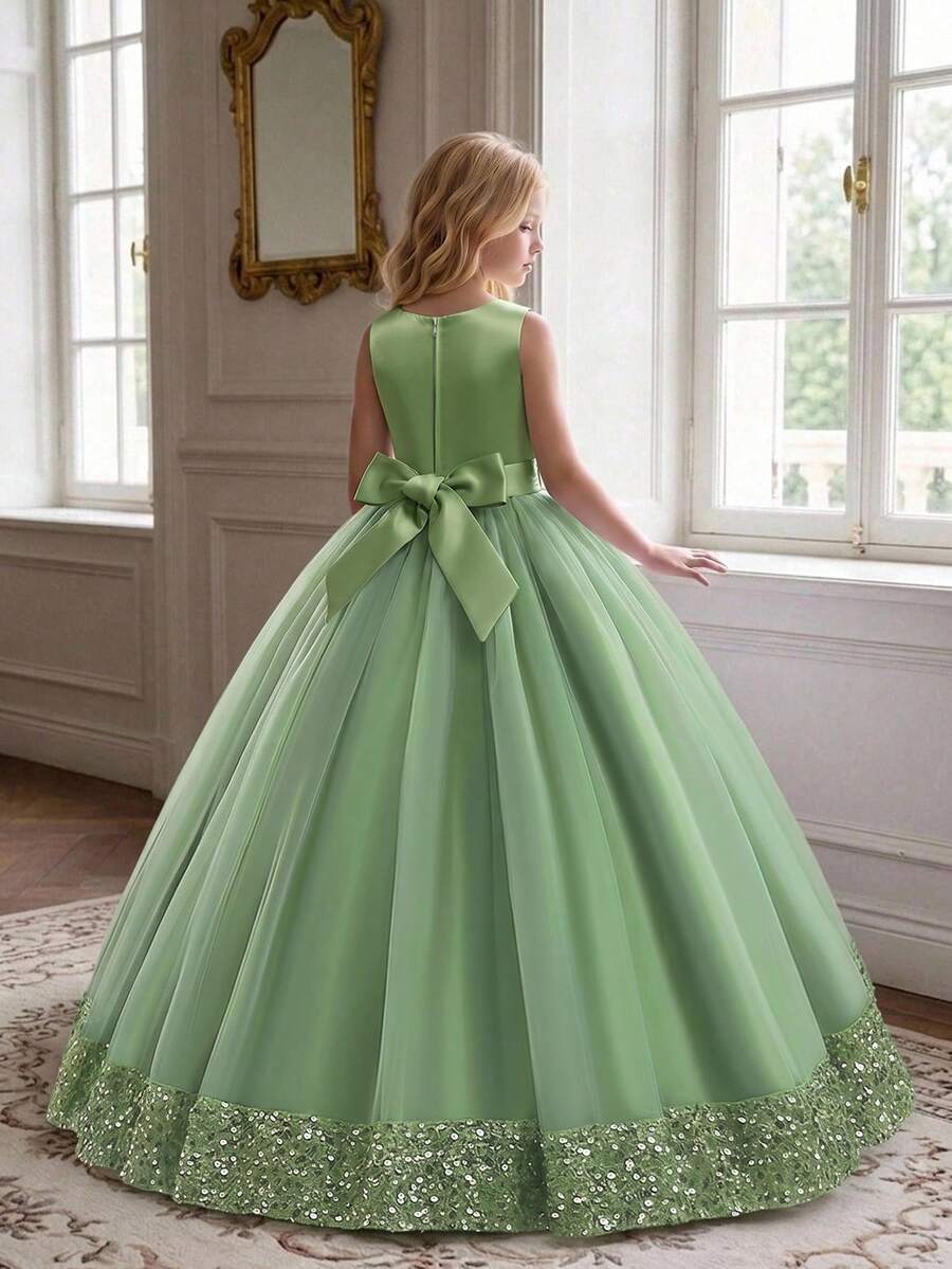 Tween Girl Sequin Bow Mesh Elegant Party Dress Suitable For Evening Events, Headband Not Included - Green - View 1
