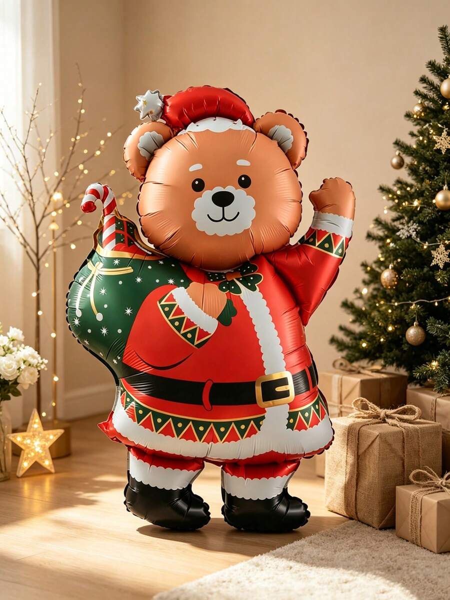 1pc Standing Backpack Christmas Bear Foil Balloon, Suitable For Christmas Party Decoration, Theme Party Setup, Mall Atmosphere Decoration, Christmas Photo Props, Christmas Atmosphere Decoration, Winter Theme Setup - View 1