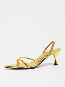 Women's Elegant Gold High Heel Sandals, Vacation, Shiny Metallic Pointed Toe Kitten Heel Shoes With Elastic Back Strap, Suitable For Party - Gold - View 5