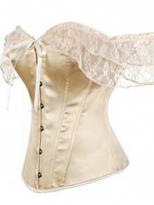 Women's Y2K Off Shoulder Satin Corset Top Lace Short Sleeve Lace‑Up Back Waist Cincher For Party Cosplay Evening Summer - Khaki - View 5