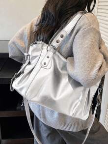 Minimalist Solid Color All-Match Design, Metal Rivet Reinforced Shoulder Strap, Comes With Adjustable Extendable Crossbody Strap. Soft And Relaxed Body, Versatile Style, Can Be Freely Matched With Various Charms, Suitable For Multiple Outfits - Silver - View 6