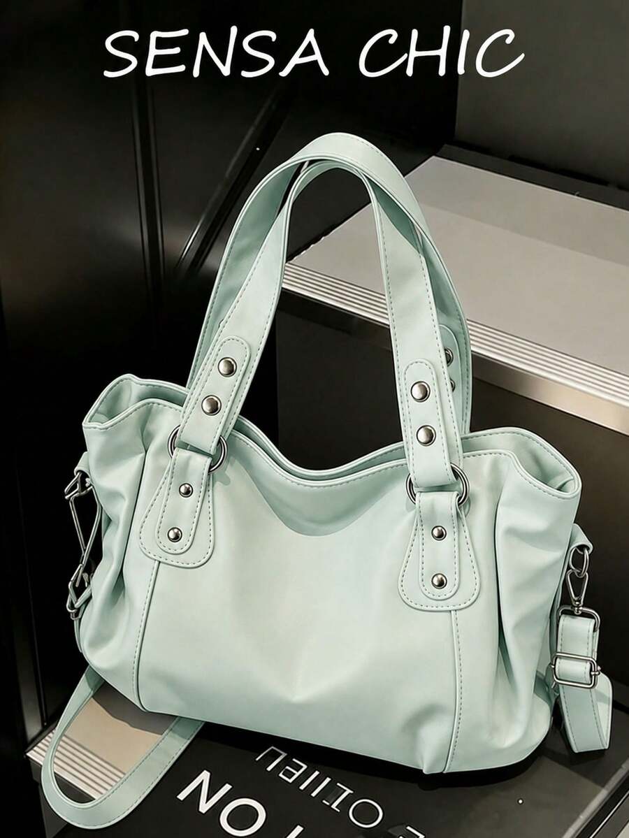 Minimalist Solid Color All-Match Style, Metal Rivet Reinforced Shoulder Strap, Comes With Adjustable Extended Crossbody Strap. Soft And Relaxed Body, Versatile Style, Can Be Freely Paired With Various Charms, Suitable For Multiple Outfits - Green - View 1