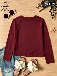 Autumn/Winter Ribbed Pure Cotton Long-Sleeved Top For Girls, Casual, Sporty And Preppy Style - Jujube Red - View 2
