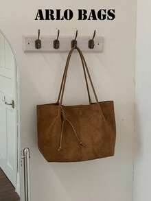 Vertical Split Line Woven Twist Drawstring Decor Tote Bag With Shoulder Strap, Large Capacity Soft Tote Style, Shoulder Handbag With Woven Drawstring Closure, Vintage Korean Minimalist Relaxed Commuter Style, Suitable For Women, Office Workers, Students, Commuting, Shopping, Travel - Brown - View 5