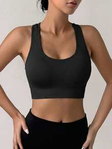 DAZY EMUPER 1pc Seamless Racerback Sports Bra, Hollow-Out Backside Elasticity Solid Color Underwear For Women - Black - View 4