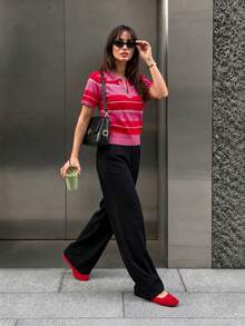 FOR BEAUTY 夏季 Y2K 女款多色條紋針織 Polo 上衣，短袖前開扣羅紋套頭衫，學院風休閒街頭風，日常穿搭 - 紅色 - 查看 4
