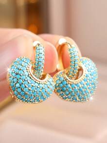 Vanel 1 Pair Bohemian Vintage Heart Lock Hollow Earrings For Women, Suitable For Daily Wear, Beach Vacation, Party, Outing - Golden-blue - View 4