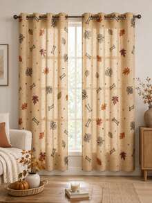 NOSBEI 2PCS Grommet Panels + 3PCS Rod Pocket Kitchen Set, Halloween Pumpkin, Bone And Maple Leaf Faux Linen Curtains, Light Filtering, Rustic Autumn Farmhouse Window Decor - Multicolor - View 18