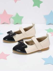 Girls' Black & Beige Colorblock Bow Hook & Loop Soft Versatile Shoes, Suitable For Outings And School Life - Beige - View 2