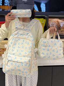Newborn Backpack; Bow Print Backpack, Suitable For Elementary And Middle School Students - Blue - View 11