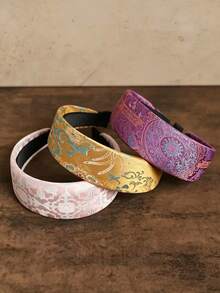 1pc Women's Chinese Style Jacquard Wide Headband, Vintage Floral Pattern Non-Slip Hair Accessory, Elegant Daily Hair Accessory - Multicolor - View 1