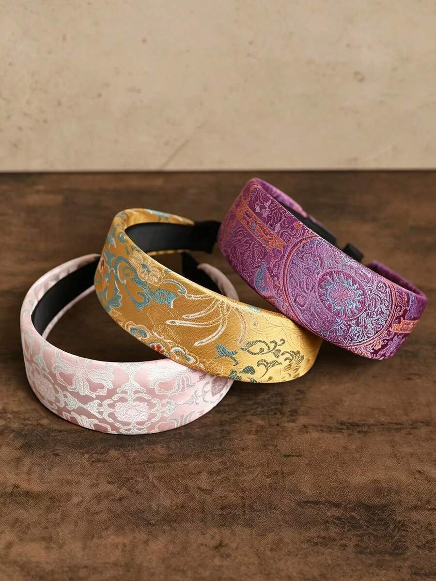 1pc Women's Chinese Style Jacquard Wide Headband, Vintage Floral Pattern Non-Slip Hair Accessory, Elegant Daily Hair Accessory - Multicolor - View 1