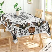 1pc,Vintage Halloween Tablecloth, Black White Pumpkin Bat Cat Print Polyester Table Cover, Elegant Halloween Dining Table Decor For Kitchen, Party, Family Gathering And Holiday Home Decoration - C - View 16