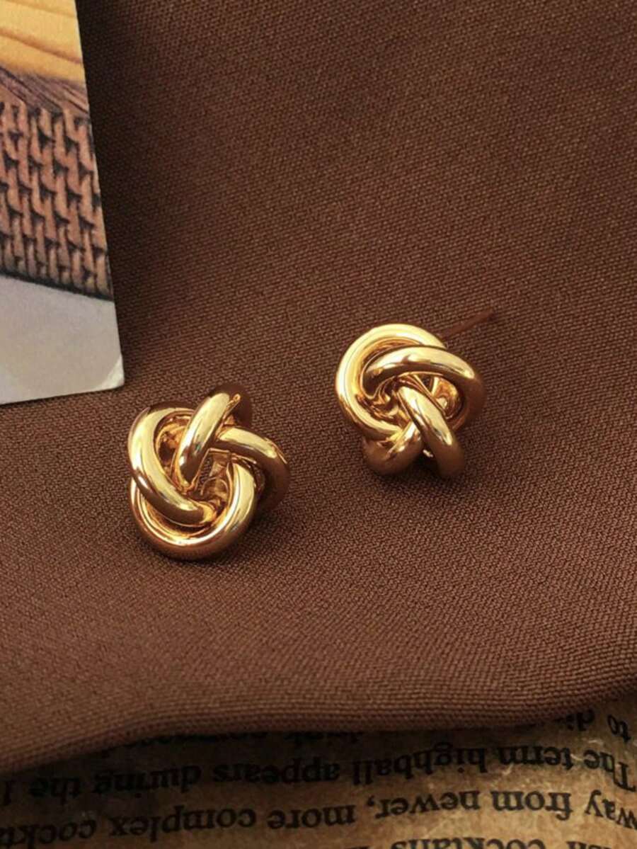 1 par de pendientes de aro con cuerda retorcida, diseño minimalista, estilo vintage francés, pequeños & delicados, versátiles, efecto 3D hueco, estilo de tono frío - Dorado - Ver 1