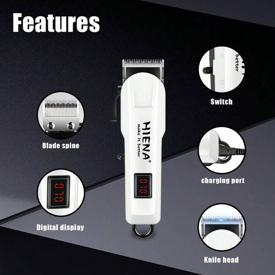 HIENA Professional Electric Hair Clipper Digital Display Cordless Hair Trimmer USB Type-C Charging Hair Clipper With Limit Combs Home Haircutting Tool Men's Gift