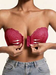 2pcs Women's Strapless Push-Up Bra, Lace Patchwork, French Romantic, Sexy Front Closure Bra, Suitable For Daily Wear, Wedding, Off-Shoulder Dress - Multicolor - View 3