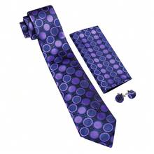 3Pcs Women Purple Round Pattern Tie & Pocket Square & Cufflinks Set, Random Cufflinks Pattern, Formal Suit Decor Accessory For Business Party Wedding - Purple - View 3