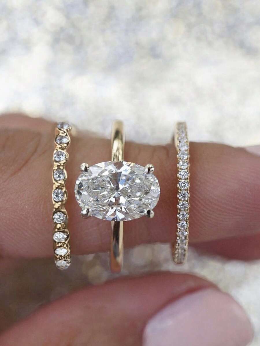3 piezas/Set Anillos elegantes apilables, incrustados con circonita cúbica brillante en forma de gota de agua y símbolos rectangulares, que simbolizan romance y nobleza, adecuados para uso diario - Dorado - Ver 1