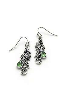 1 Pair Vintage Bohemian Style Vine Carved With Green Teardrop Rhinestone Pendant Earrings, Suitable For Women's Daily Wear, Travel, Party, Personalized Jewelry Gift - Silver - View 3