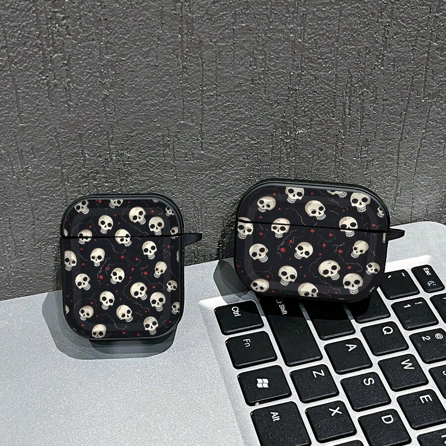 1pc Black Background Full Print Skull Pattern Earphone Case, Vintage Halloween Personalized Skull Design Full Coverage Soft Shell, Compatible With AiPods1/2, Compatible With Airpods3, Compatible With Airpods4, Compatible With Airpodspro, Shockproof Bluetooth Earphone Protective Cover - Black - View 1