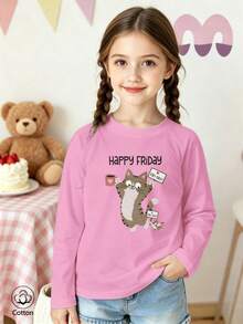 Girls Cotton Twill Long-Sleeved T-Shirt, Autumn/Winter Style, Featuring A Cartoon Cat Print, In A Cute And Sweet Preppy Style - Light Wine Red - View 3
