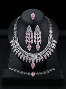 1 Set 5pcs Fashion Luxury Water Drop Zirconia Earrings Necklace Bracelet Ring Women Jewelry Set For Holiday Party Wedding Evening Dress - Water Droplets - View 8