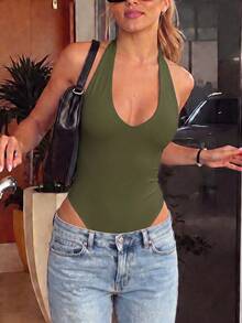 女款 Y2K 性感短版細肩帶低胸露背連身衣，適合夏季、夜生活 - 軍綠色 - 查看 9