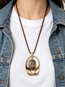 1pc Bohemian Vacation Style Double-Loop Twisted Geometric Pendant Necklace, Textured Resin Faux Stone Neck Chain, Casual Holiday Travel Accessory For Women, Halloween Christmas Festival Gift For Girlfriend/Boyfriend - Wax Rope - View 8