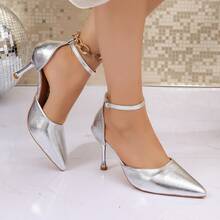 Women's New Silver Pointed Toe Hollow Fashion Versatile Buckle Thin Heel Sandals, Solid Color PU Leather Outdoor Office - Silver - View 7