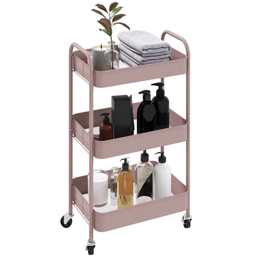 Carrito de servicio de acero con espacio de almacenamiento, con ruedas, 3 estantes perforados, 45 x 30,6 x 79 cm, rosa. - Multicolor - Ver 1