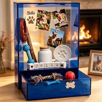 Acrylic Pet Memorial Box, Modern Sapphire Blue Acrylic Memory Box, Suitable For Storing Cat And Dog Ashes, Can Be Used As A Display Box For Photos, Collars And Paw Prints, Pet Loss Condolence Gift