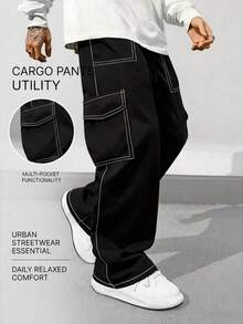 Men's Loose Fashion Sports Long Pants, Featuring Minimalist Solid Color Wide Leg Design, Drawstring Waist, Large Pockets, Suitable For Daily Walking, Work, Travel And Other Occasions. Made Of 100% Polyester Fiber, This Thin Wide Leg Casual Pants Is Suitable For All Season Wear. - Black - View 2