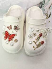 16PCS Bling Rhinestone Red Butterfly Rose Clog Shoe Charms Accessories Faux Pearl Bow Flower Shoe Buckles DIY Decorations Retro Beads Shoe Clips Decor - Multicolor - View 3