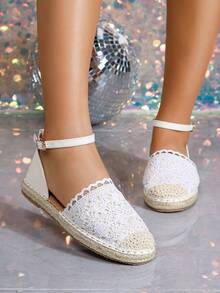 Women's Casual Fisherman Sandals, Closed Toe Hollow Flat Sole Straw Woven Flat Sandals - White Mesh - View 4
