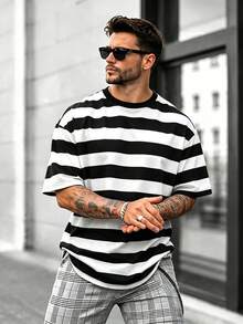 Men's Soft Striped T-Shirt, Casual Crew Neck Short Sleeve Streetwear T-Shirt, Suitable For Daily Wear, Vacation And Weekend - Black - View 1