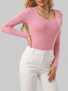 1pc Women's Black Seamless Crew Neck Long Sleeve Shapewear, Full Coverage Comfortable Jumpsuit - Pink - View 6