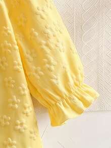 Gaun Jacquard Bunga 3D Kuning Gaya Putri untuk Bayi Perempuan, Gaun Lengan Panjang Kerah Berkerut Warna Kontras Manis Gaya Prancis, Musim Gugur/Semi - Kuning - View 9