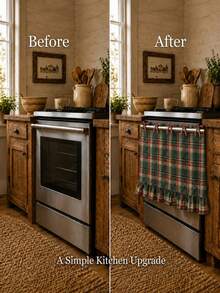 Vintage Plaid Oven Curtain, Burgundy Fabric Tie-Back With Ruffle Edge, Oil-Resistant Kitchen Layered Curtain, Stove, Cabinet And Small Window Decorative Cover, Country Farmhouse Christmas Kitchen Decor - Green - View 4