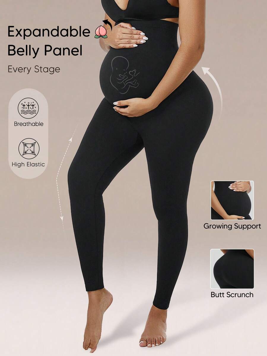 Women's Solid Color High Elasticity Maternity Leggings With Abdominal Support - Black - View 1