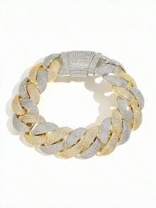1pc 24mm Cuban Link Hip Hop Dual-Tone Full Rhinestone Cuban Bracelet, Rose Gold & Silver Color Block Miami Thick Cuban Chain, Fully Pave High-Shine Zirconia, Heavy-Duty Full Rhinestone Design Sparkling And Eye-Catching. Square Full Rhinestone Secure Clasp, Firm And Hard To Fall Off, Same Style As Rap And Street Dance Bloggers. Unisex Street Style Hand Accessory, Suitable For Parties And Daily Wear, Light Luxury Heavy-Duty Icy Jewelry, Hot-Selling Personalized Accessory - 24mm - View 12