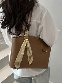 Women Large Capacity Tote Bag, Elegant Shoulder Handbag With Decorative Silk Scarf, Office Work Commute Shopping Top‑Handle Purse - Brown - View 3