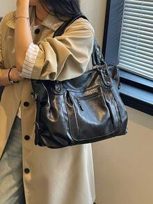 Street Punk Style Fashion Personality Solid Color Series Large Capacity Tote Bag With Multiple Zippered Pockets Decoration, Suitable For Commuting - Black - View 3
