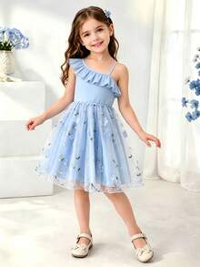 Young Girls Solid Color Ruffled Strap Embroidery Mesh Sundress - Baby Blue - View 1