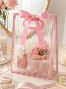 2/12/24pcs Transparent Gift Bags With Pink Trim, Handles And Ribbon Bows, Reusable PP Gift Bags Suitable For Cosmetics And Gifts, Perfect For Graduation, Wedding, Bridal Shower, Birthday, Party - Multiple Styles - View 7