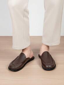 Plus Size Men's Leather Closed-Toe Mule Loafers, Backless Slip-On Slippers, Reinforced Stitching, Skin-Friendly Lining - Brown - View 4