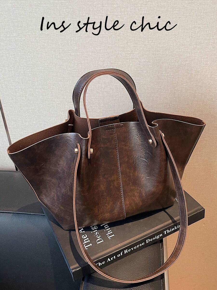 Metal Hardware Buckle Decor, Large Capacity Multi-Item Storage Magnetic Closure Minimalist Commuter Style Tote Bag, Suitable For Office Workers Daily Commute, Work, Shopping, Business Travel And Versatile Matching - Coffee - View 1